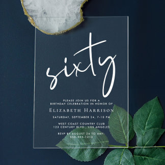 Chic White Script 60. Geburtstagsparty Acryleinladungen