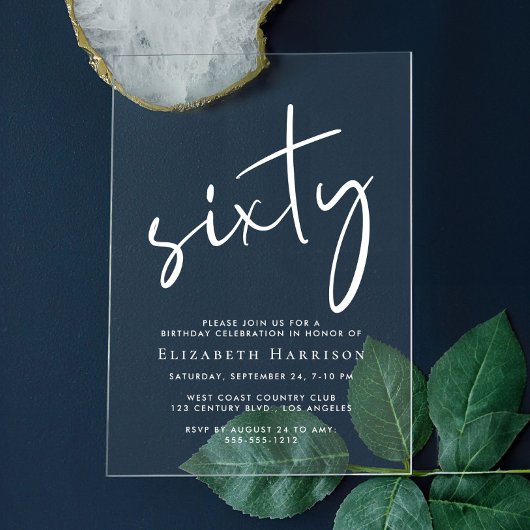 Chic White Script 60. Geburtstagsparty Acryleinladungen
