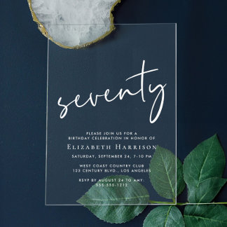 Chic White Script 70. Geburtstagsparty Acryleinladungen