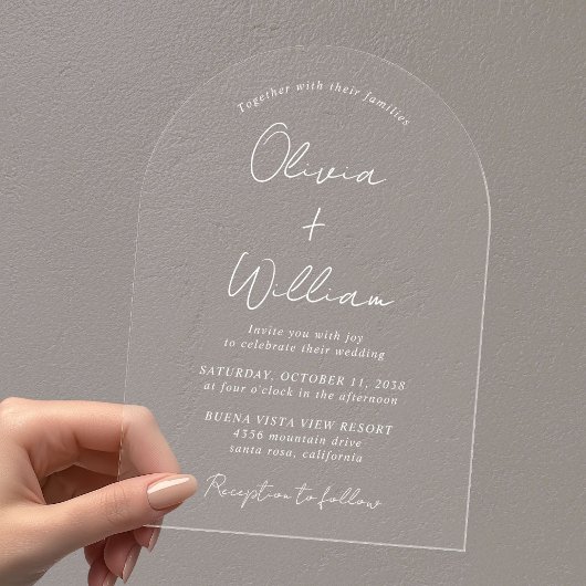 Chic White Script Arch Wedding Acryleinladungen