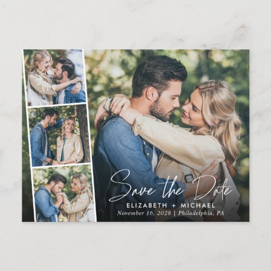 Chic White Script Foto Wedding Save the Date Ankündigungspostkarte (Vorderseite)
