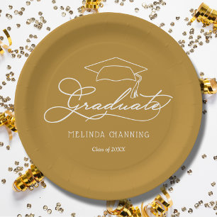 Chic White Script Grad Cap Gold Abschluss Pappteller