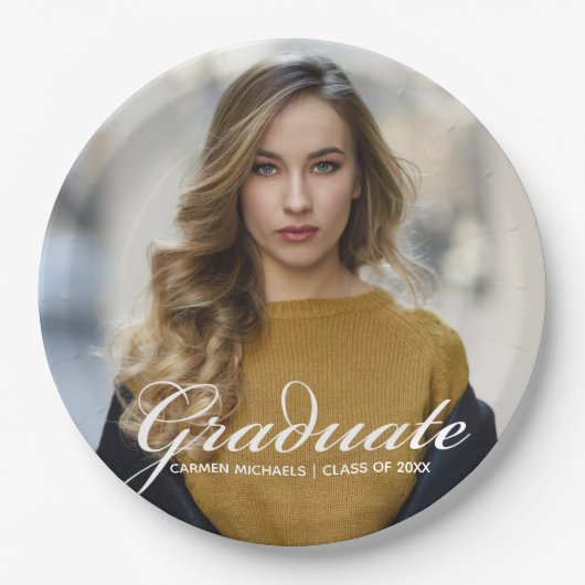Chic White Script Overlay Graduate Foto Party Pappteller (Vorderseite)