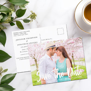 Chic White Script Verlobung Foto Save the Date Postkarte