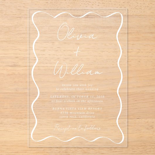 Chic White Script Wavy Frame Wedding Acryleinladungen (Vorderseite)