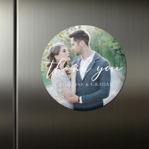 Chic White Script Wedding Foto Danke Magnet
