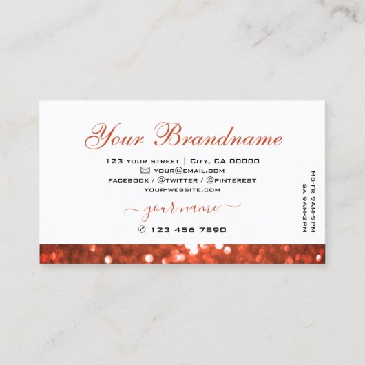 Chic White Shimmery Vermilion Red Sparkle Glitzer Visitenkarte (Rückseite)