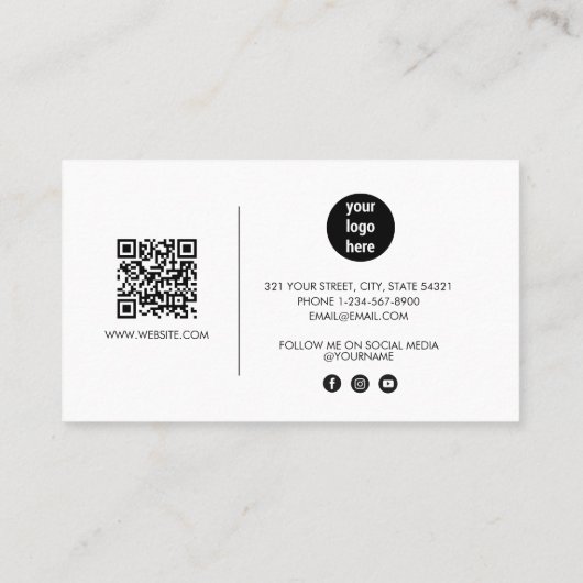 Chic White Signature Script QR Code Social Media Visitenkarte (Rückseite)