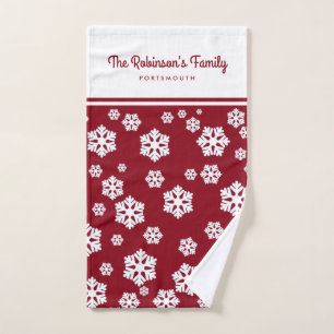 Chic White Snowflakes Nordic Pattern auf Dunkelrot Badhandtuch Set