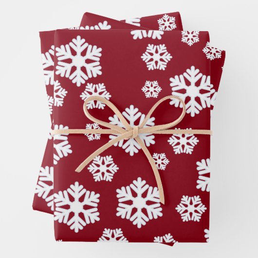 Chic White Snowflakes Nordic Pattern auf Dunkelrot Geschenkpapier Set (Beispiel)