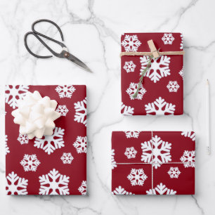 Chic White Snowflakes Nordic Pattern auf Dunkelrot Geschenkpapier Set