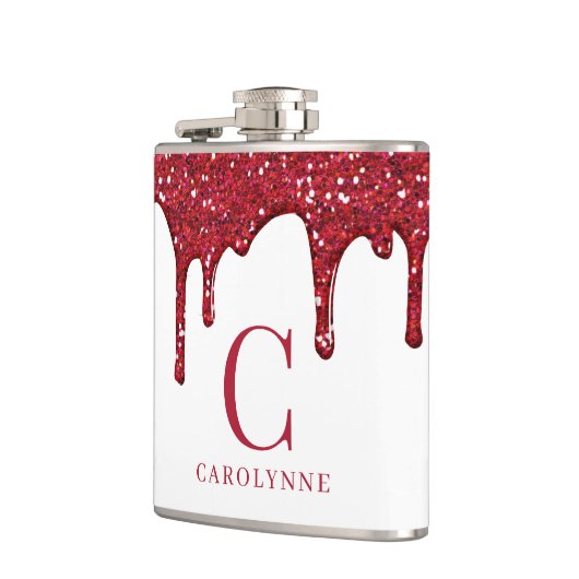 Chic White Sparkle Glitzer Tropfens Monogram Flachmann (Links)