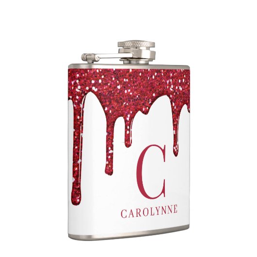 Chic White Sparkle Glitzer Tropfens Monogram Flachmann (Rechts)