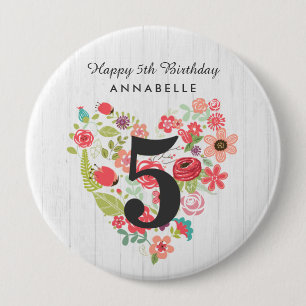 Chic White Wood & Whimsical Floral Happy Birthday Button