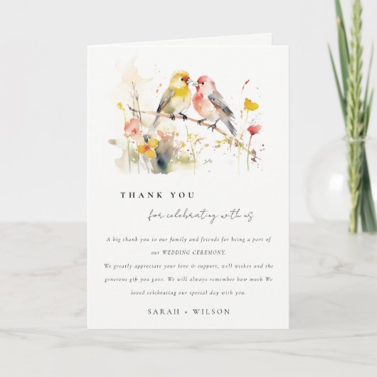 Chic Wild Botanical Watercolor Love Birds Wedding Dankeskarte (Vorderseite)