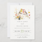 Chic Wild Botanical Watercolor Love Birds Wedding Einladung (Vorderseite)