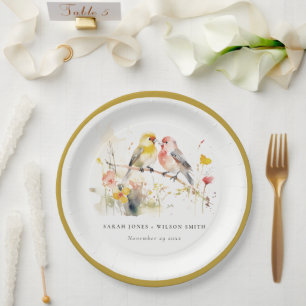 Chic Wild Botanical Watercolor Love Birds Wedding Pappteller