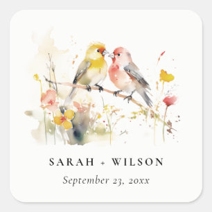 Chic Wild Botanical Watercolor Love Birds Wedding Quadratischer Aufkleber