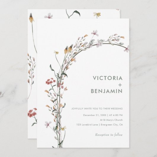 Chic Wildblume Arch Minimal Moderne Hochzeit Einladung (Vorne/Hinten)