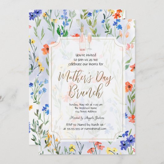 Chic Wildblume Blue Wine Mother Day Brunch Einladung (Vorne/Hinten)