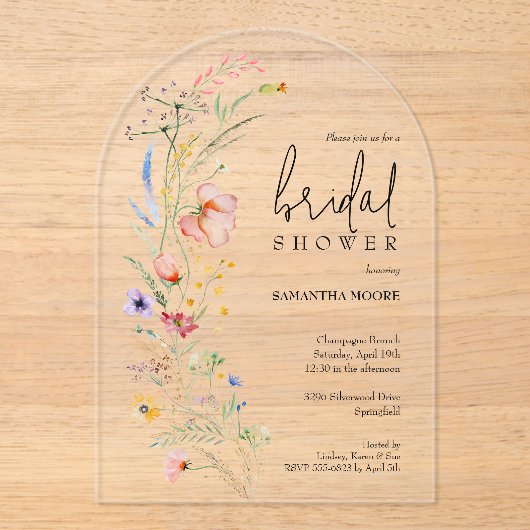 Chic Wildblume Brautparty Arch Top Acryleinladungen (Vorderseite)