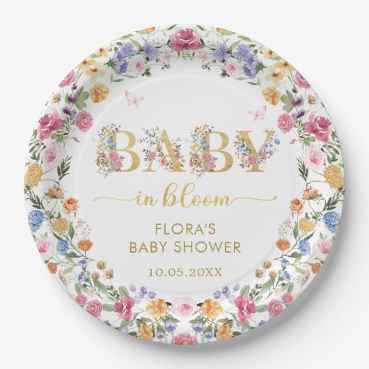 Chic Wildblume Garden Wreath Baby in Blütendusche Pappteller (Vorderseite)
