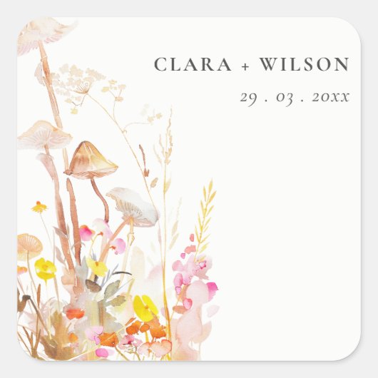 Chic Wildblume Pilz Herbst Botanische Hochzeit Quadratischer Aufkleber (Vorderseite)