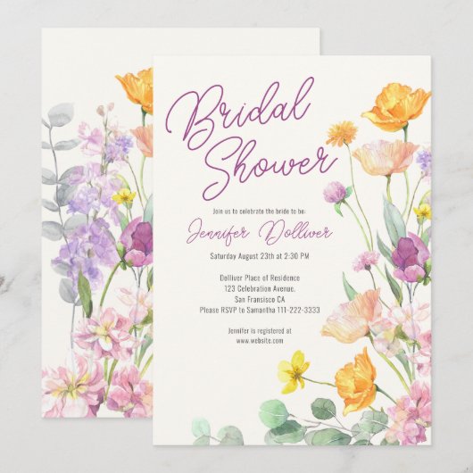 Chic Wildblume Script-Brautparty Einladung (Vorne/Hinten)