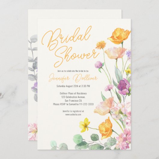 Chic Wildblume Script-Brautparty Einladung (Vorne/Hinten)