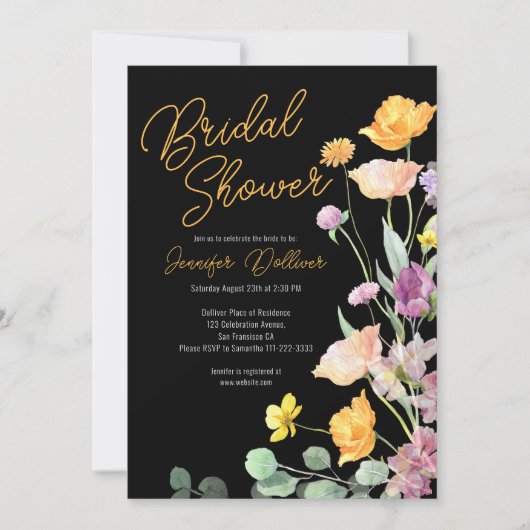 Chic Wildblume Script Bridal Dusche Einladung (Vorderseite)