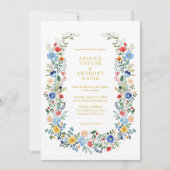 Chic Wildblume Wreath Gold Script Garden Wedding Einladung (Vorderseite)