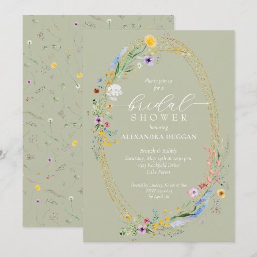 Chic Wildblume Wreath Sage Green Brautparty Einladung (Vorne/Hinten)