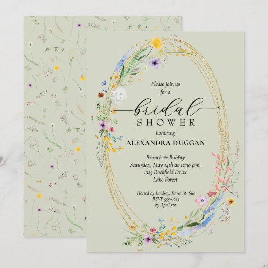 Chic Wildblume Wreath Sage Green Brautparty Einladung (Vorne/Hinten)