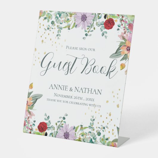 Chic Wildblumen Gästebuch Hochzeitstag Sockelschild (Vorderseite)