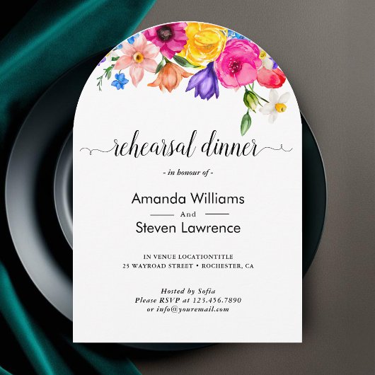 Chic Wildblumen Hochzeit Probe Abendessen Bogen Einladung