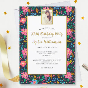 Chic Wildblumen, jedes Alter Foto Geburtstagsparty Einladung