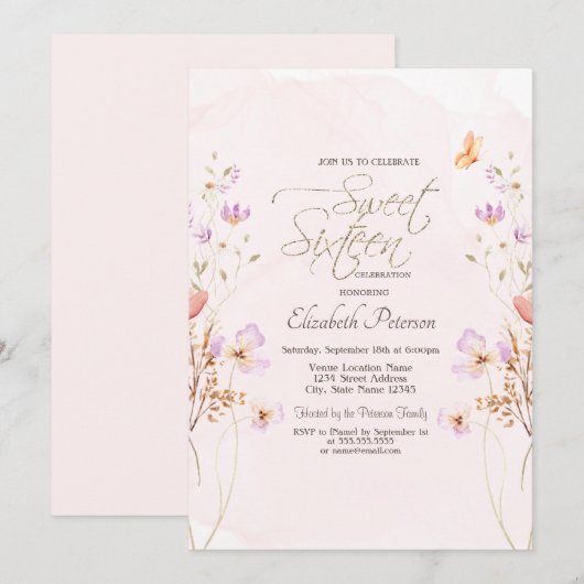 Chic Wildflowers Pink Watercolor Sweet 16 Einladung (Vorne/Hinten)