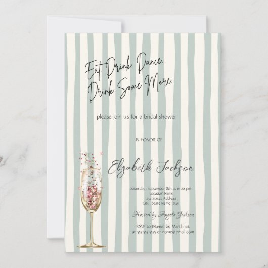 Chic Wine Glass Confetti Green Striped Einladung (Vorderseite)