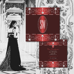Chic Wine Red Burgund Verziert Ornamente Monogramm Quadratische Visitenkarte