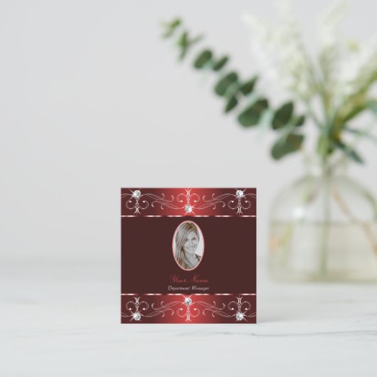 Chic Wine Red Burgund Verzierte Ornamente mit Foto Quadratische Visitenkarte (Stehend Vorderseite)
