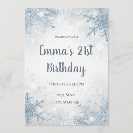 Chic Winter 21st Birthday Invitation – Snowflakes Einladung (Vorderseite)