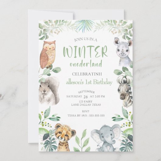 Chic Winter Animals Onederland 1. Geburtstag Einladung (Vorderseite)