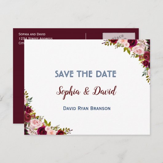 Chic Winter Burgundy Marsala Floral SAVE THE DATE Ankündigungspostkarte (Vorne/Hinten)