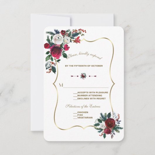 Chic Winter Burgundy Pine Gold Wedding RSVP Karte (Vorderseite)