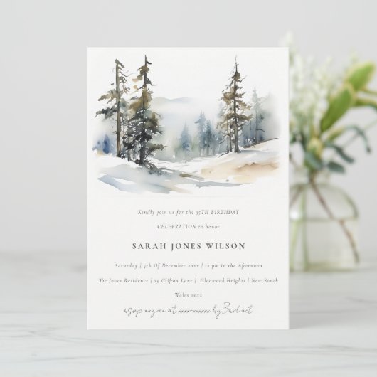 Chic Winter Pine Trees Schnee Landschaft Geburtsta Einladung (Stehend Vorderseite)