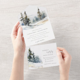 Chic Winter Pine Trees Schnee Landschaft Hochzeit All In One Einladung