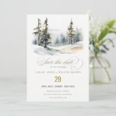 Chic Winter Pine Trees Schnee Landschaft Hochzeit Save The Date (Stehend Vorderseite)