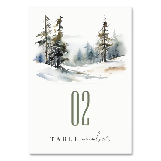 Chic Winter Pine Trees Schnee Landschaft Hochzeit Tischnummer (Rückseite)