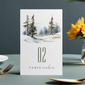 Chic Winter Pine Trees Schnee Landschaft Hochzeit Tischnummer
