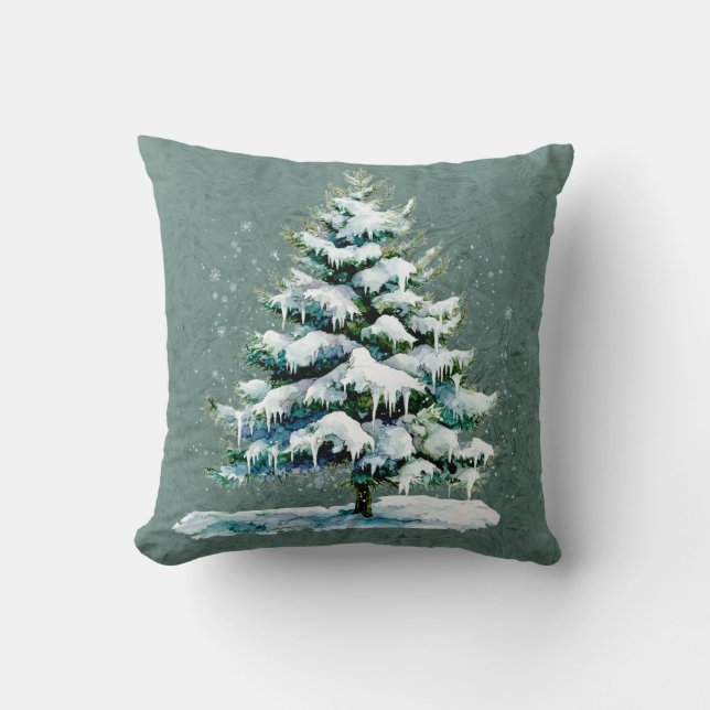 Chic Winter Watercolor Snowy Spruce Tree Monogram Kissen (Vorderseite)